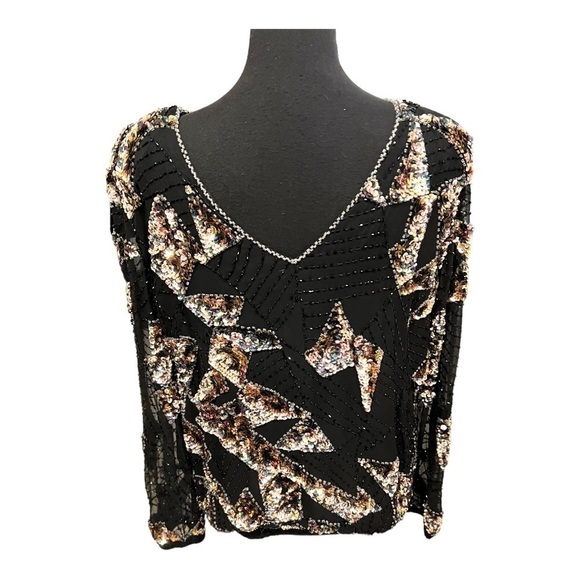 Vintage Oleg Cassini Black Silk Rayon Sequin Top Small - Picture 6 of 13